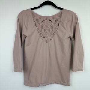 Free People Intimately Womens 3/4 Sleeve Lace Inset Stretch Blush Top Blouse M/L